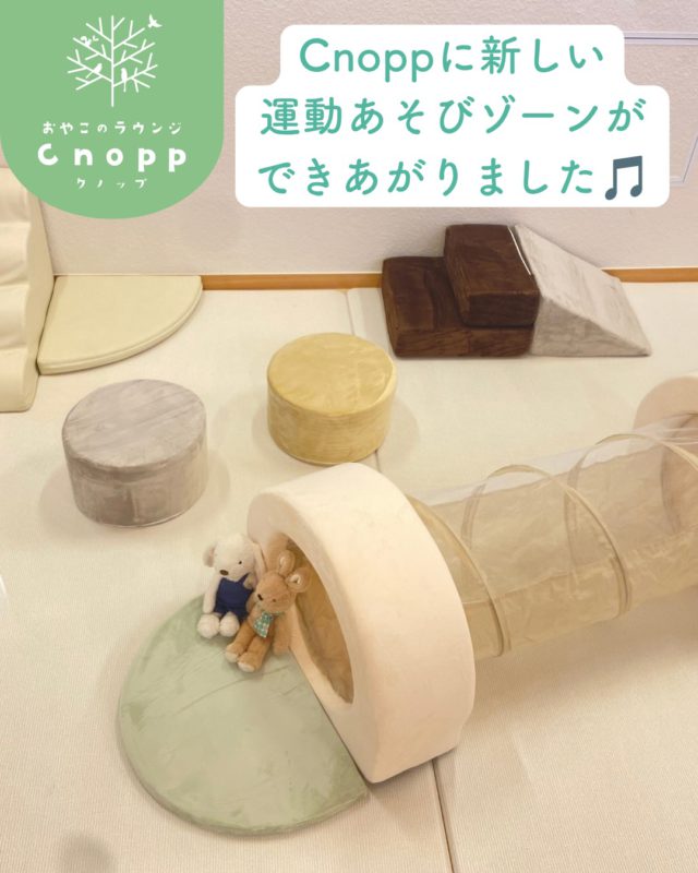 ・
🌱 Cnoppに新しい運動あそびゾーンができました🎵

段差やトンネル、いろいろな形の台などを組み合わせて、
全身を使って遊べるゾーンをつくりました✨

🪵 段差をのぼる・おりる
→ 足の力やバランス感覚、身体の使い方を育む経験に。

🚇 トンネルをくぐる
→ ハイハイやくぐる動きを通して、全身を使う経験に。

⭕️ 台に乗る・降りる・またぐ
→ 足元を見ながら身体のバランスをとったり、距離や高さを感じたりする経験に。

「どうやって進もうかな？」
「ここを通ってみよう！」

そんなふうに、自分の身体を動かしながら遊ぶことが、いろいろな身体の発達につながっていきます👣

もちろん、すぐにできなくても大丈夫◎
見ているだけ、触ってみるだけ、保護者の方と一緒に挑戦してみるのも立派な遊びです☺️

それぞれの「やってみたい」を大切に、親子で楽しんでみてくださいね🌷

＊こちらはベービスのみのゾーンとなります。
フィーカは別の玩具になりますのでご了承ください。
#おやこのラウンジCnopp#クノップ#立花愛の園幼稚園#尼崎遊び場#運動あそび